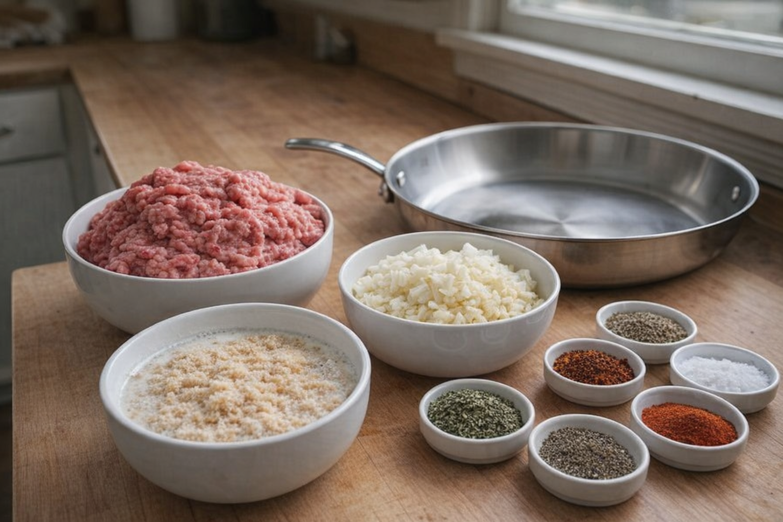A countertop mise en place featuring a bowl of raw ground meat, chopped onions and garlic, breadcrumbs soaking in milk, spices in small bowls, and a large stainless steel skillet. Natural daylight from a window